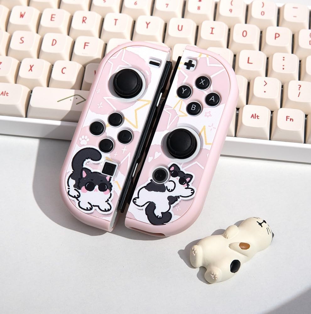 Pink Milk Cat Switch/OLED Protective Case & Dock Cover Set, Protective Skin Case Cover Faceplate Compatible with Nintendo Switch/OLED Console, Joy-Cons and Charging Dock (for Switch OLED)