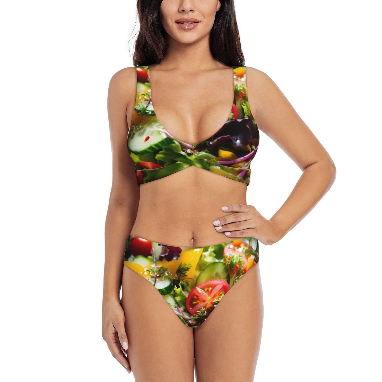 Phayah Women's Black Salads Two Piece Swimsuit Sexy Top Front Cross U-Shaped Cheeky Swimwear Triangle Bikini Xl