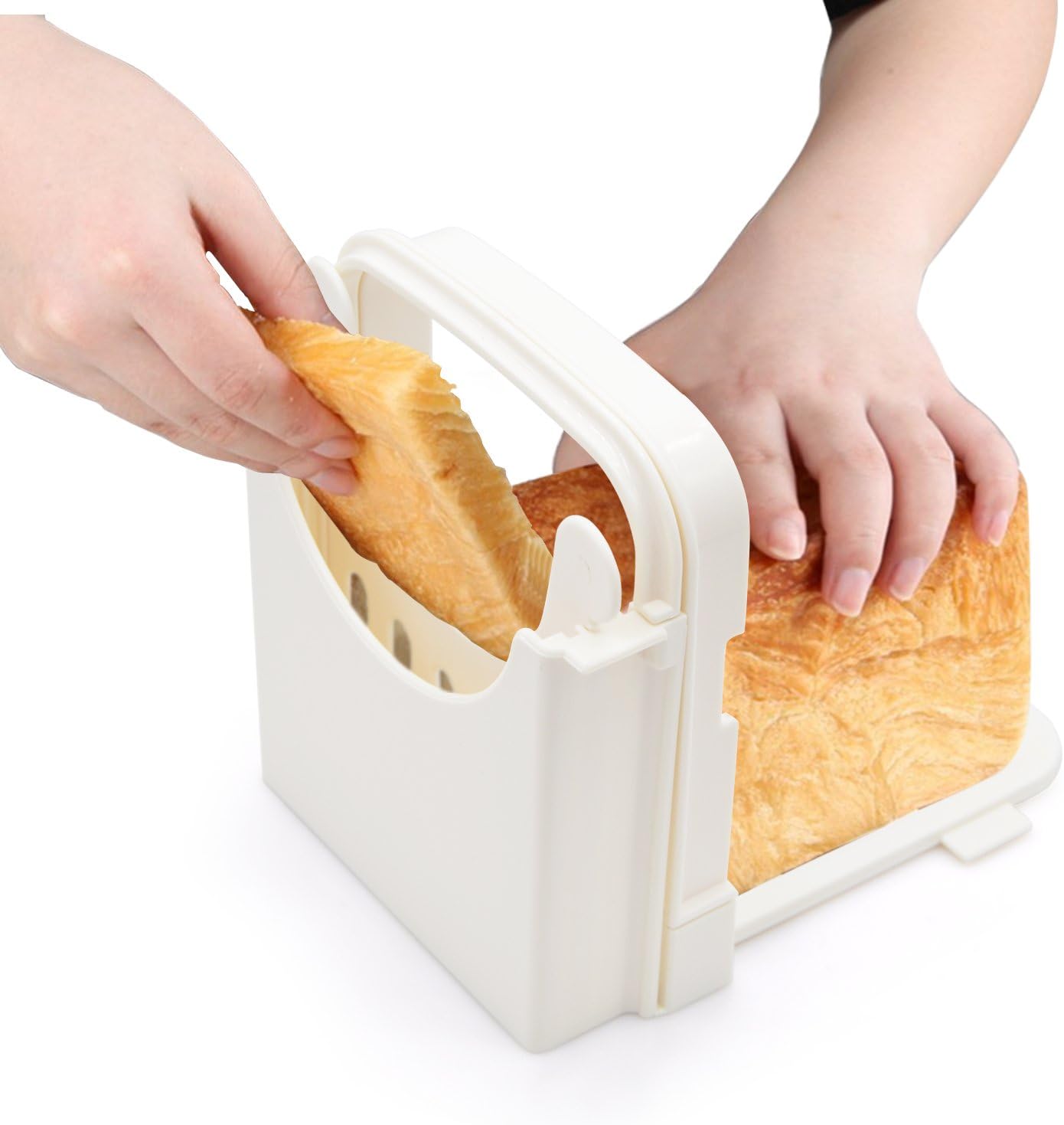 Bread Slicer, Adjustable Bread/Roast/Loaf Slicer Cutter, Sandwich Maker Toast Slicing Machine Folding and Adjustable Handed Bread Slicer with 5 Slice Thicknesses (White 1)