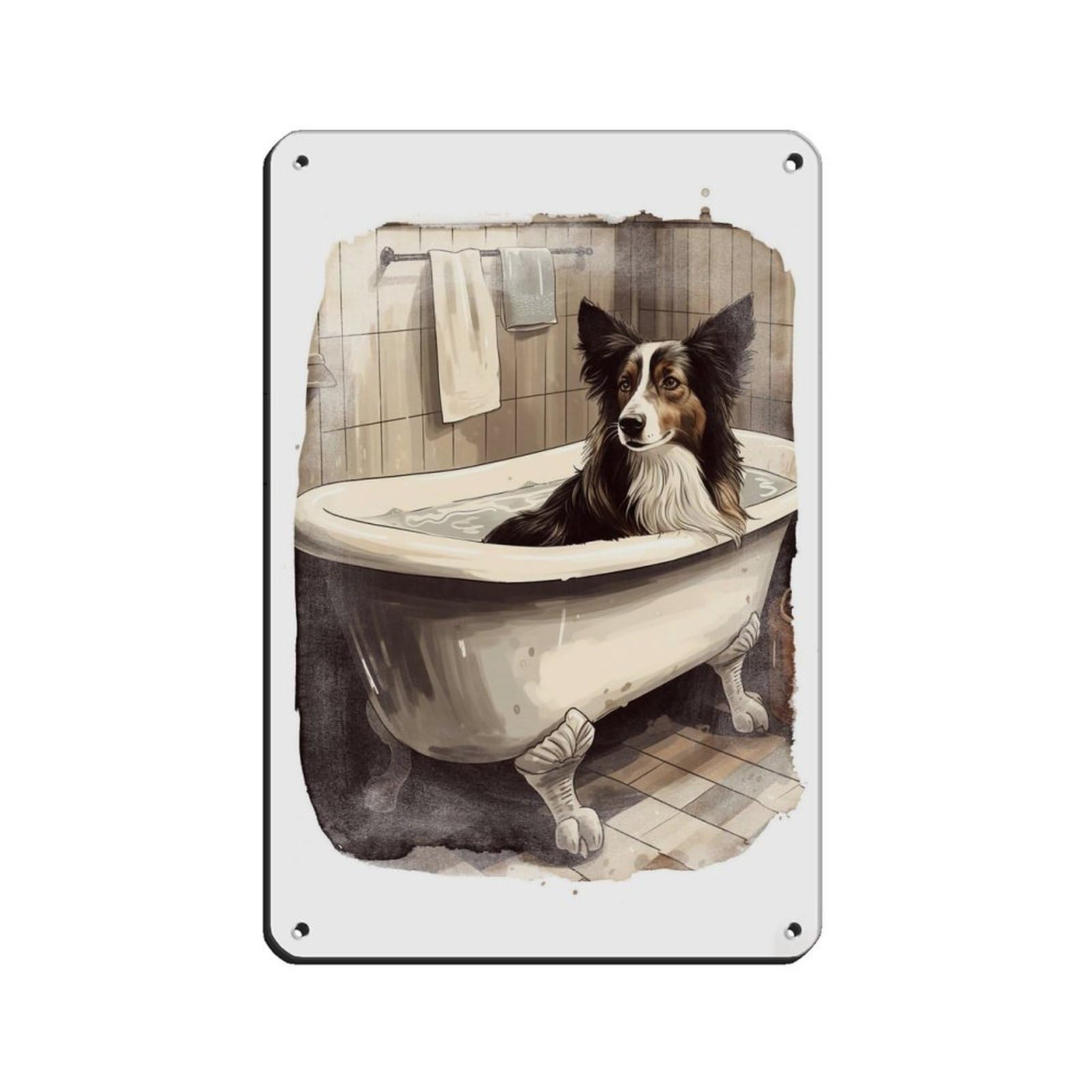 Whimsical Watercolour Border Collie Bath Art Retro Poster Metal Tin Sign Chic Art Retro Iron Painting Bar People Cave Cafe Family Garage Poster Wall Decoration 8x12inch(20x30cm)