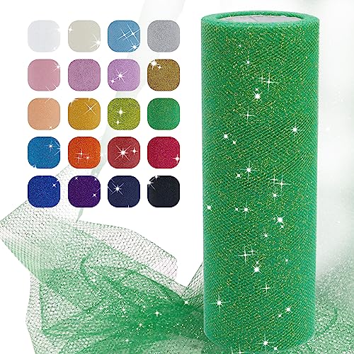 Uiopa Tulle Vert Herbe, 15cm x 22,8m Rouleau de Tulle Pailleté en Polyester Maille Tissu pour Tutu Jupe, Deco Mariage/Fête, Deco Chaise Mariage, Noeud...