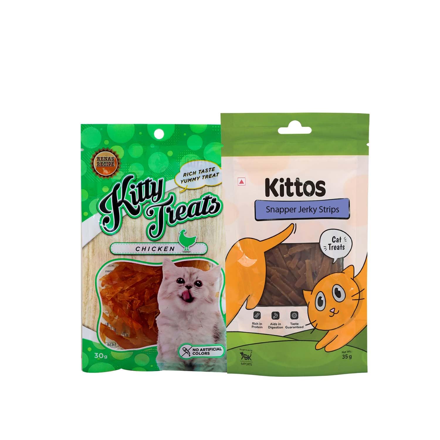 Cat Snacks Combo-Kittos Protein Rich Snapper Jerky Strips (35g) and Cataholic Kitty Treats Soft Chicken Jerky Slice (30g) β All Breeds for Training & Rewards