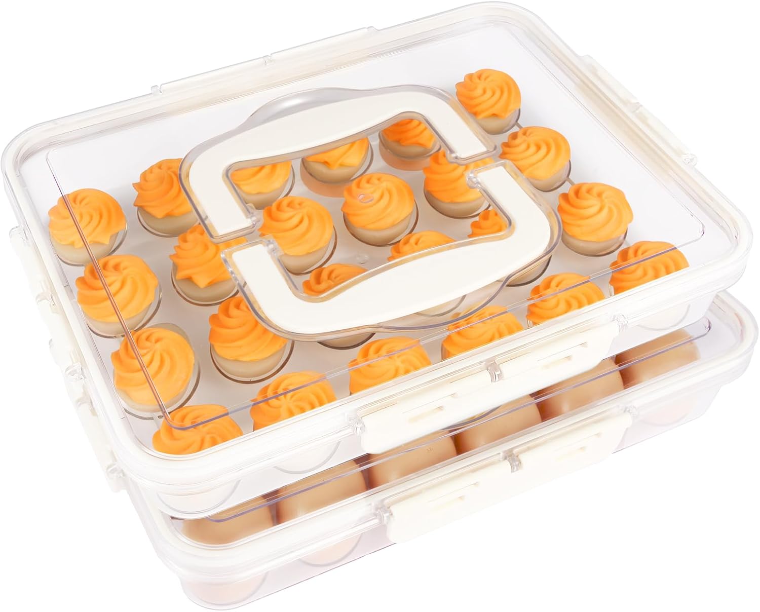 Deviled Egg Containers with Lid, 2 Pack Thick Clear Plastic Deviled Carrier with Handle Storage 48 Eggs, Stackable Egg Holder Portable Tray Platter for Fridge, Travel, Party-White