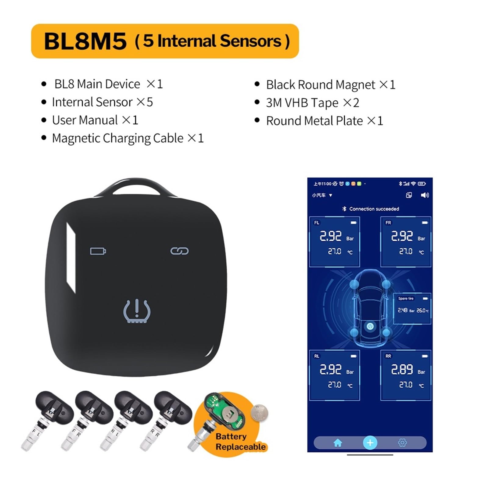 Sensor de Presión de Neumáticos Supervisión Presión Neumáticos para Bluetooth para Coche, Motocicleta, Bicicleta, Sensor TMPS, Control BLE(BL8M5 Internal Type)