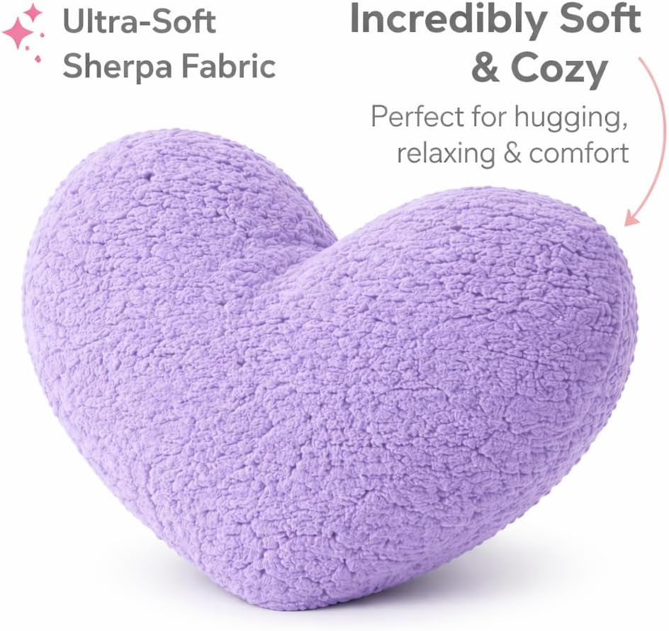 EVOLIVE Heart-Shaped Sherpa Pillow 15"x17" Soft Plush Cushion (Lavender)
