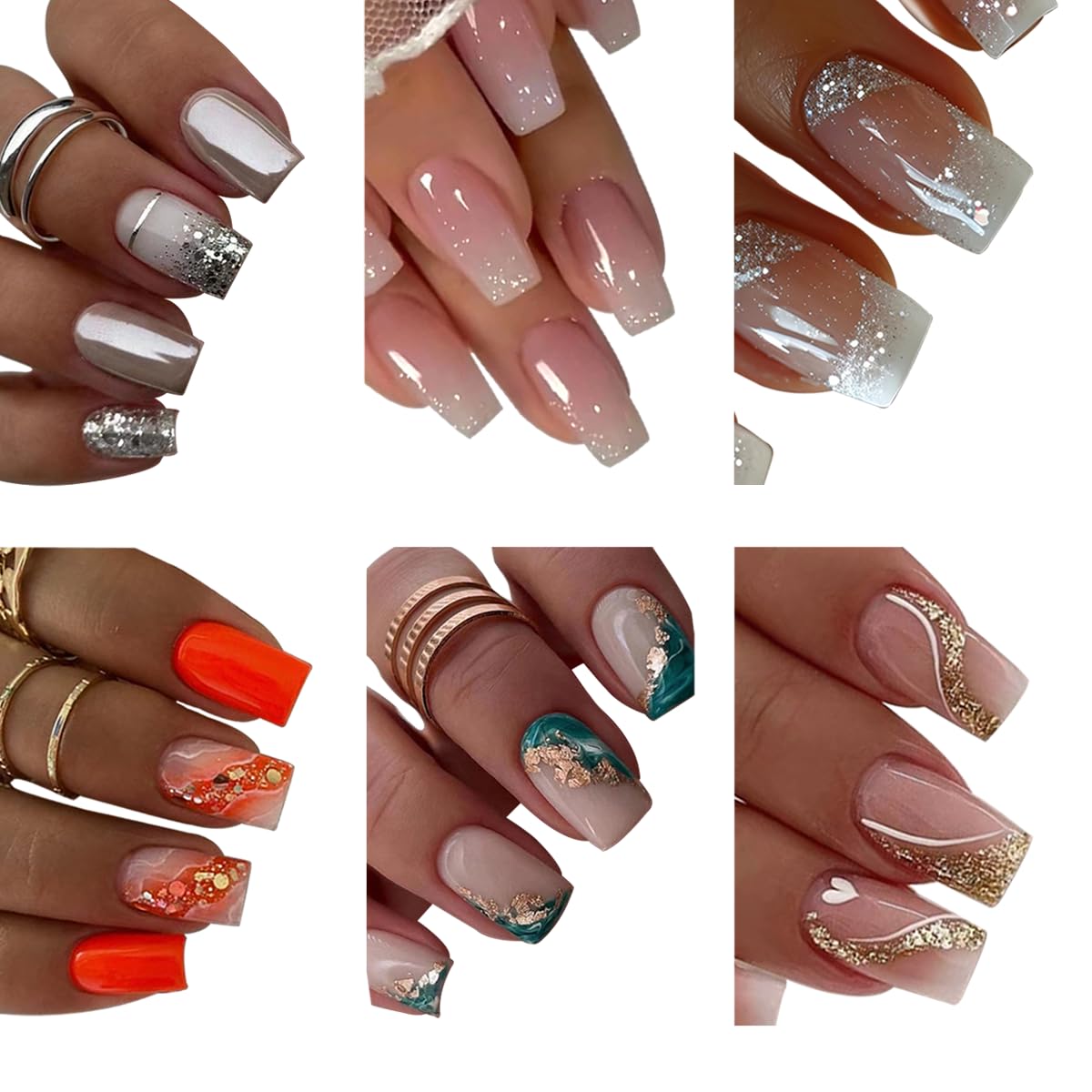 144 Pcs Press on Nails Medium Square Fake Nails Glitter False Nails with Designs Glue on Nails Full Cover Acrylic Stick on Nail Reusable Artficial