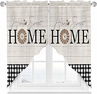 Home Windmill Black Plaid Swag Valances for Windows, Kitchen Window Curtains Over Sink, Beige Wooden Farmhouse Window Treatment Curtains for Living Room/Bedroom Curtains 2 Panel Sets 36"x45"