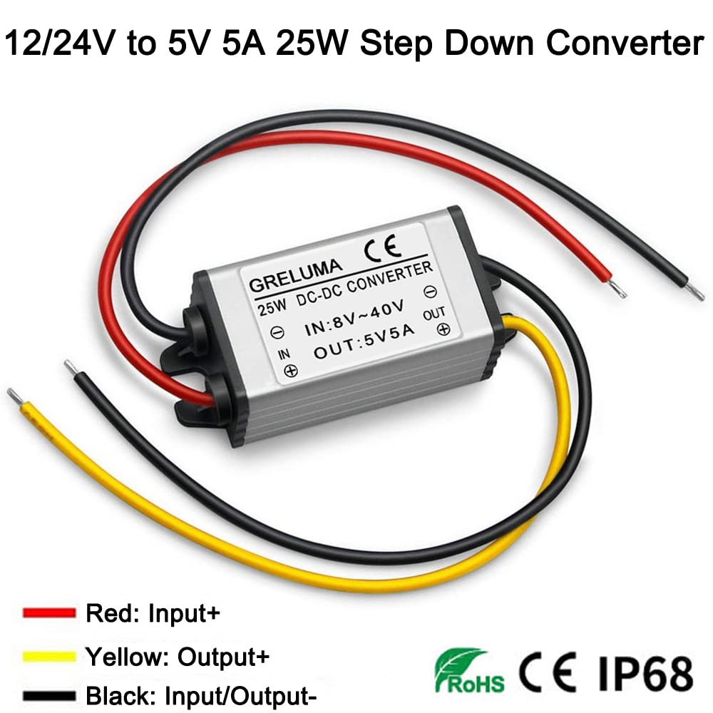 Greluma 1 pezzo convertitore di tensione step down DC 12V 24V a 5V 5A(ingressi 8-40V),riduttore di tensione del modulo regolatore di potenza da 25W per auto sistema solare della barca del camion