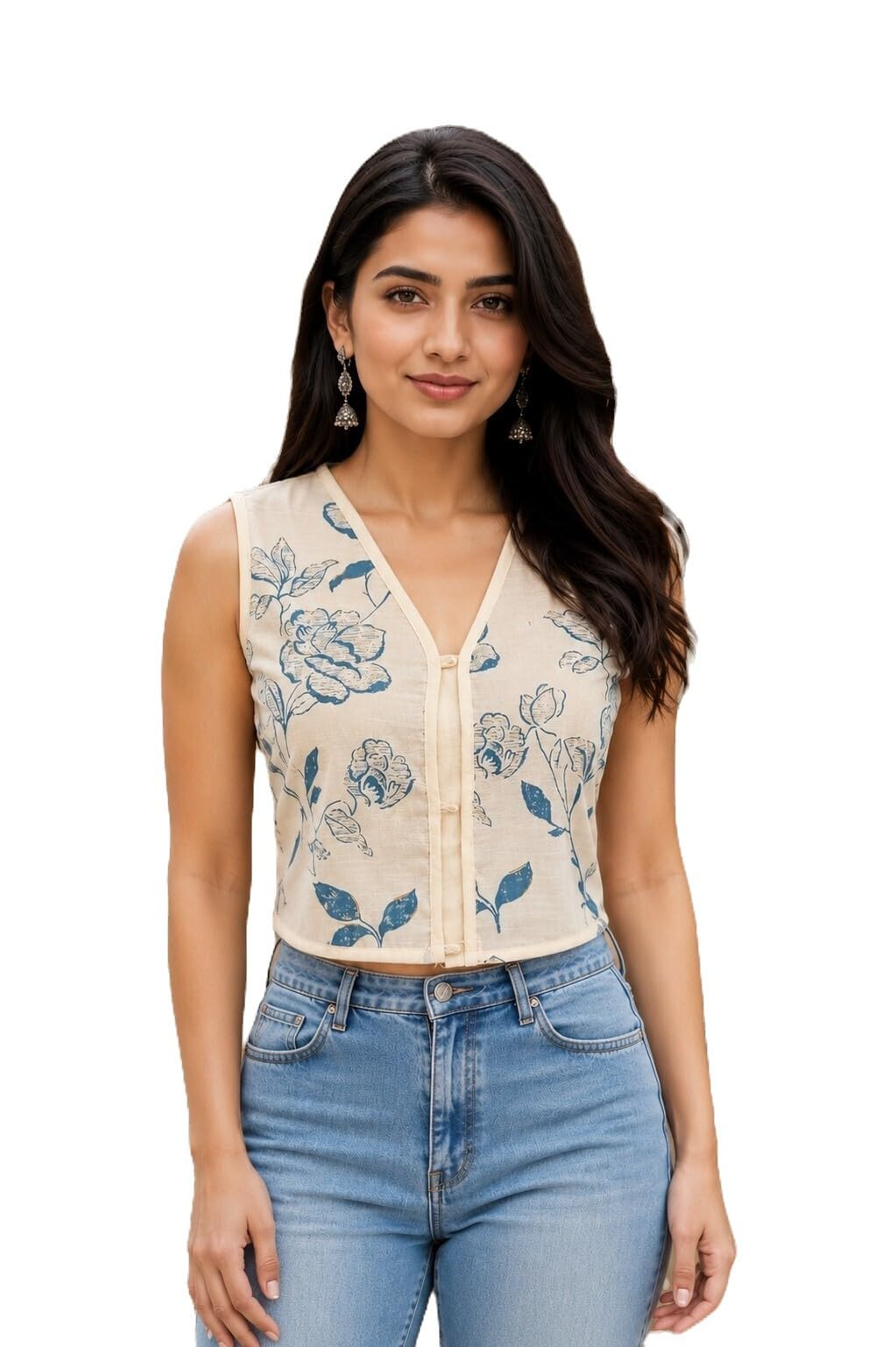 Women Beige Floral Printed V-Neck Sleeveless Cotton Blend Crop Top-image-46