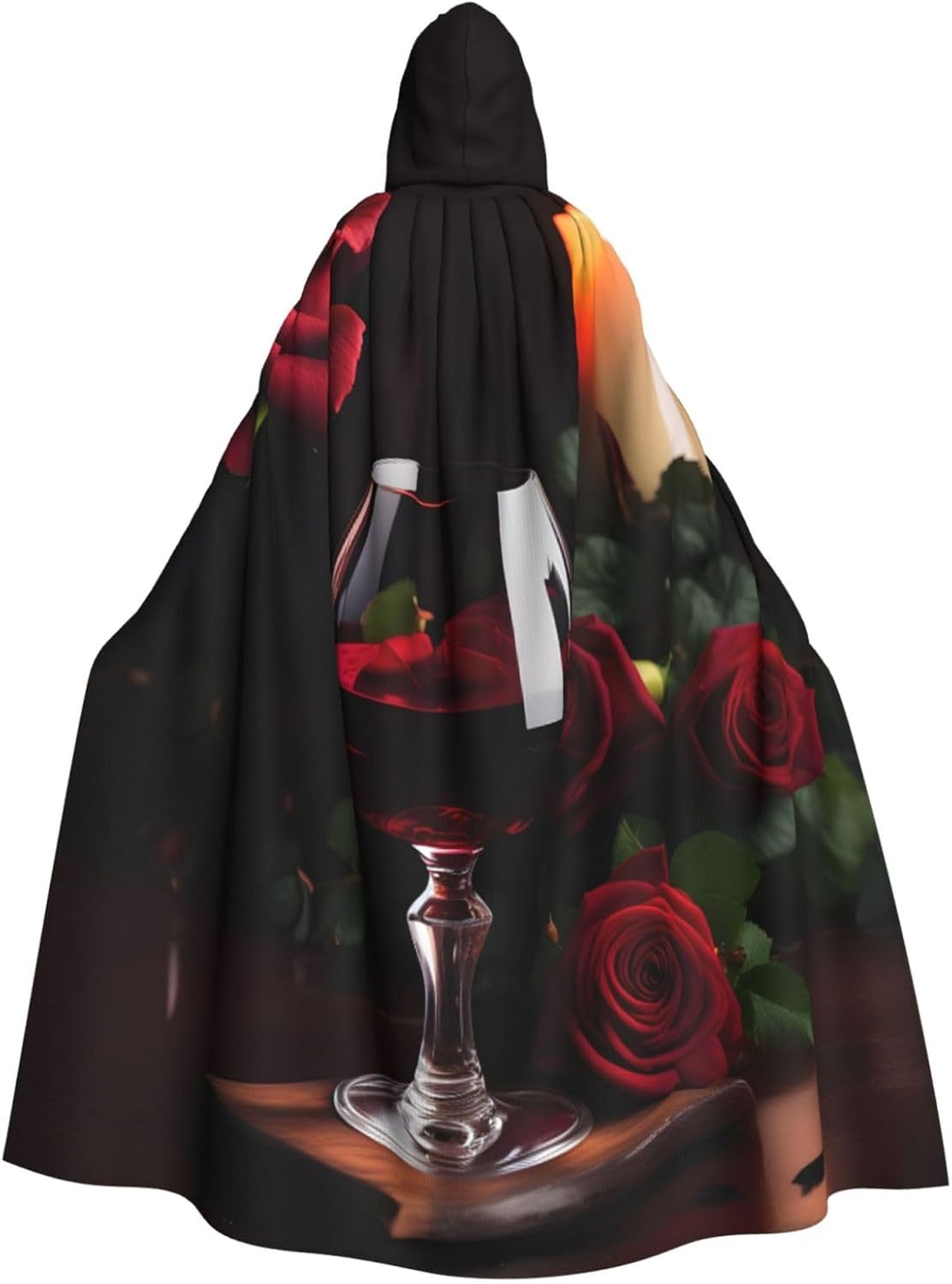 Red Wine Rose and Candle print Halloween Hooded Robe Cloak for Adult Men Women Wizard Vampire Knight Fancy Cape Costume