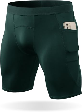Mens Compression Shorts Running Spandex Underwear with Pockets, Workout Gym Athletic Sports Tight Shorts for Men