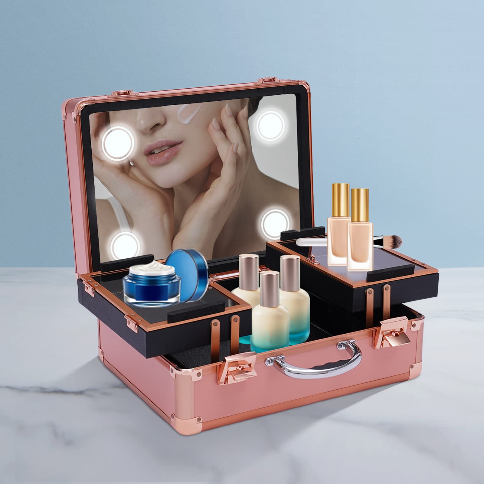 LUNUMAOS Makeup Train Case, Cosmetic boxes with lighting Mirror, Travel Cosmetic Boxes with Waterproof, Cosmetic Organizers and Boxes with Dividers