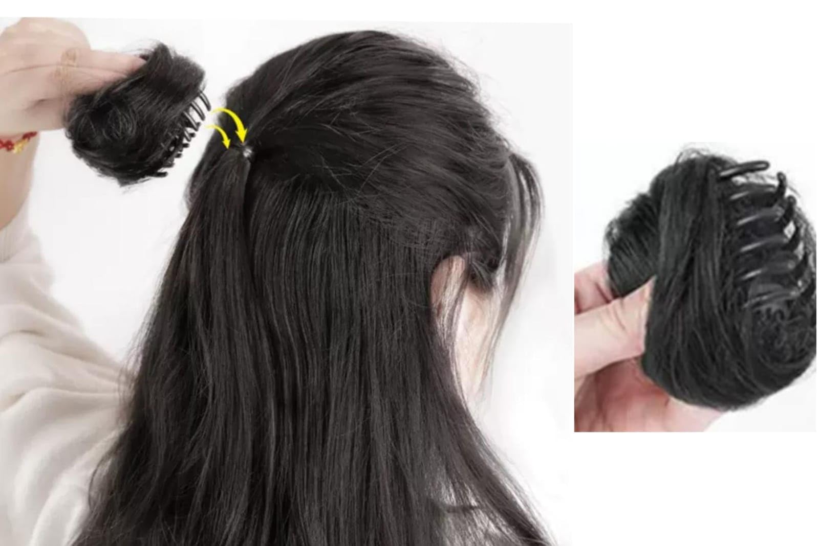 mini claw clip 2 in 1 hair bun messy cat ears hair extension donut wig accessory straight hair scrunchies for women, black color