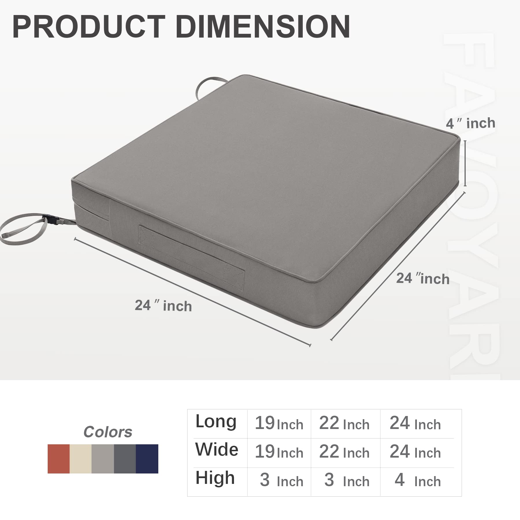 Favoyard Patio Chair Cushion 24 x 24 Inch Waterproof Outdoor Seat Cushions for Patio Furniture 3-Year Color Fastness Garden Sofa Couch Chair Pads with Handle and Adjustable Straps set of 2, Light Gray