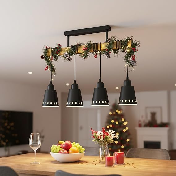 LVWIT Black Hanging Lights,Kitchen Island Lights,Pendant Lighting,Wood Ceiling Light Fitting,4 Way Drop Lights Ceiling,Industrial Ceiling Lights for Lving and Dining Room(E27 Base,NO Bulbs) [Energy Class A]