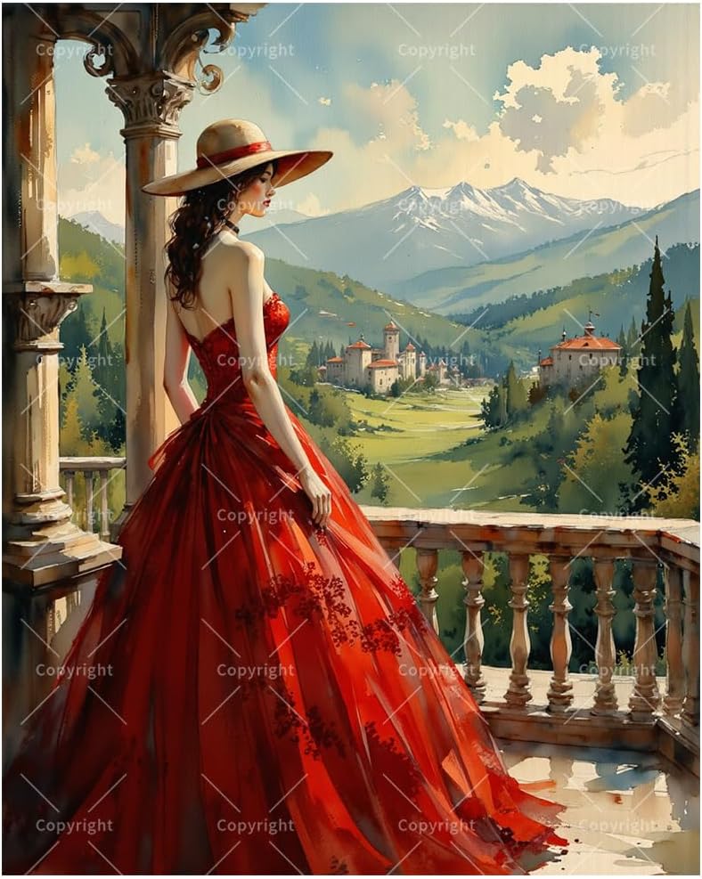 Elegant Woman Paint by Numbers Kit for Adults - DIY Lady in Red Dress on Balcony Painting on Canvas, Acrylic Paint Set, Suitable for Beginners, Art for Home Decoration or Gifts(16X20IN Framed)