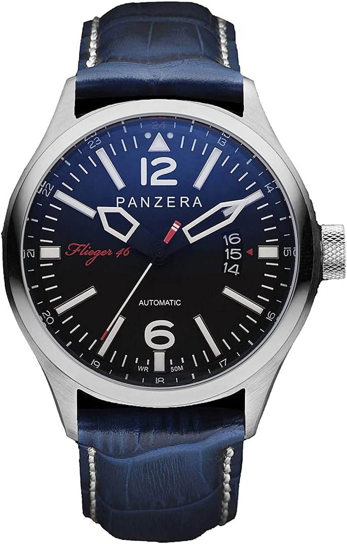 PanzeraFlieger 46 Hornet Command Automatic Steel Black Leather Pilot Blue Date Men's Watch