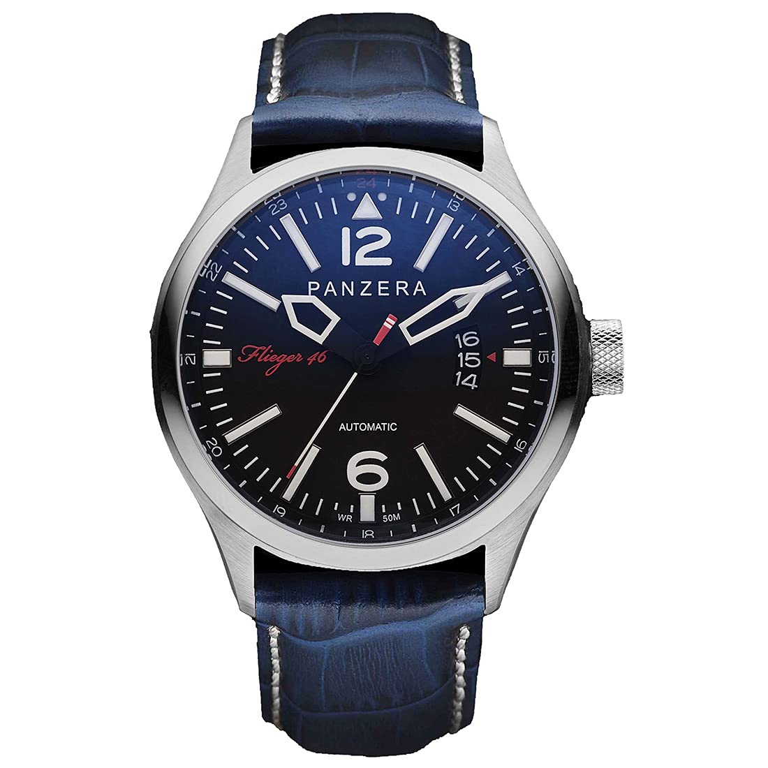 PanzeraFlieger 46 Hornet Command Automatic Steel Black Leather Pilot Blue Date Men's Watch