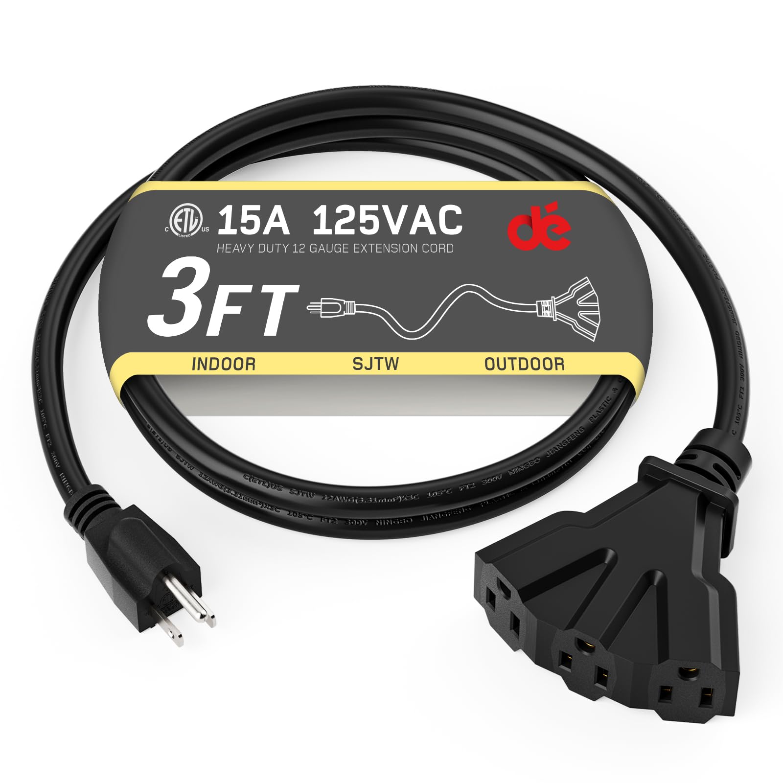 Photo 1 of dé 3 Prong Outdoor Extension Cord 3 Feet, 15 Amp Heavy Duty Extension Cord 12 Gauge, Short Extension Cord Multiple Plugs, 12/3 Electric Cord with Cable Strap, SJTW 125 Volts 1875 Watts -ETL Listed 3ft Black
