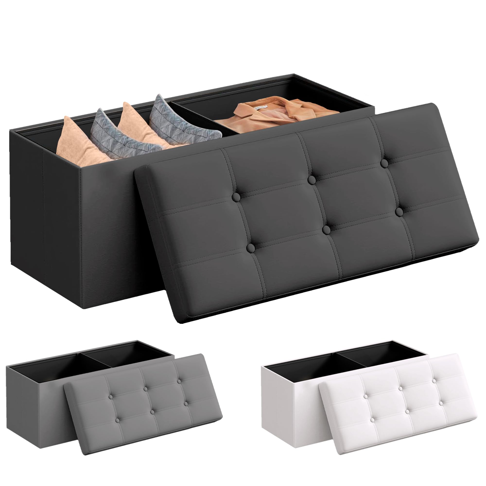 JUPPLIES Puff Almancenaje Acolchado de 80L - Baul Almacenaje Dormitorio - Banco de Almacenaje con Capacidad de Carga 300 kg - Tapizado PVC - Mueble Almacenaje Juguetes Infantil (Negro, 76x38x38cm)