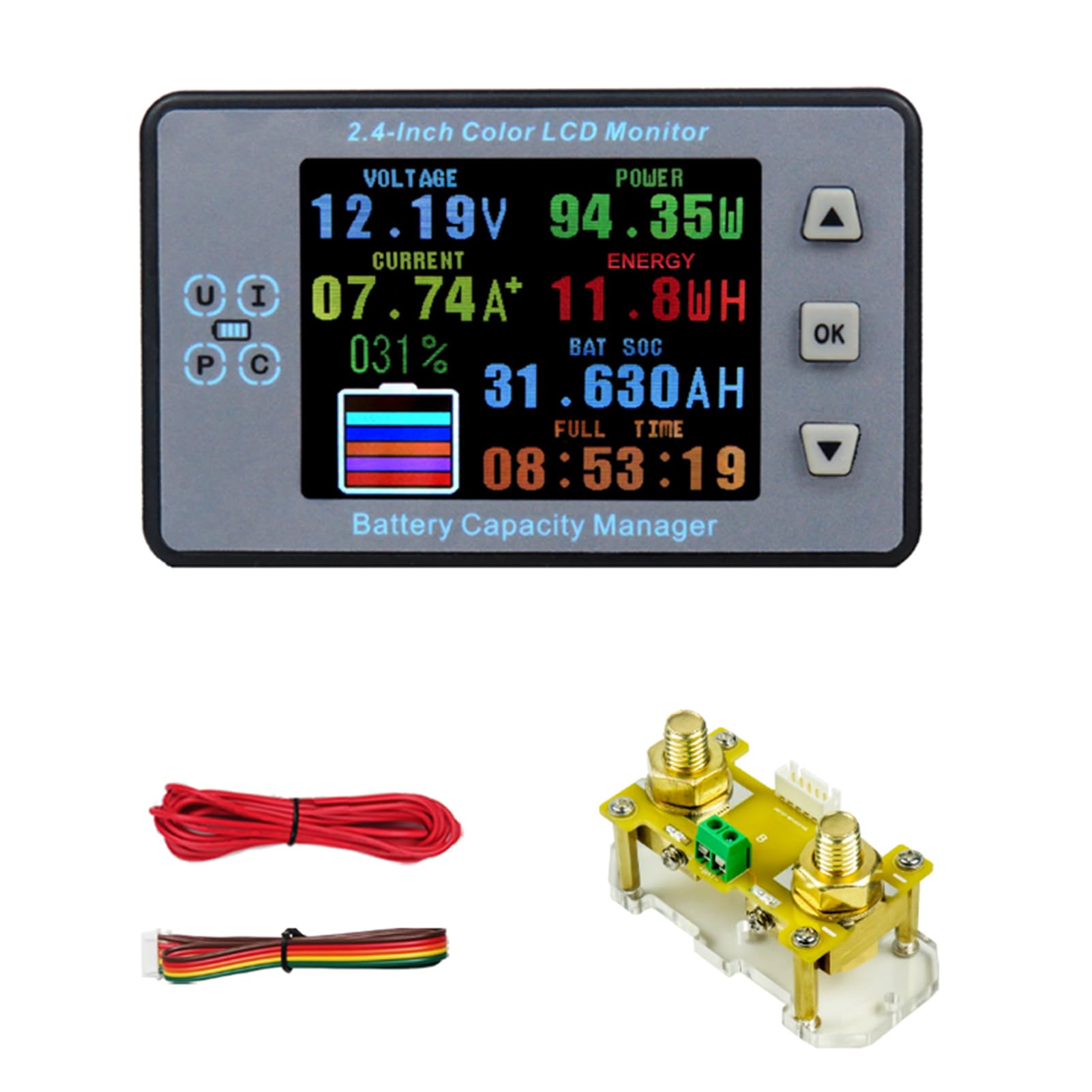 FTVOGUE Kulometr Ekran LCD Miernik Napięcia i Pojemności Prądu ABS Dwukierunkowa Detekcja Prądu Funkcja Pamięci do Monitorowania Akumulatora Samochodu RV Zasilanie i Testowanie Fotowoltaiki (#6)