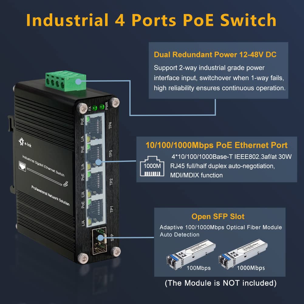 Throncom Industrial Gigabit 4 Ports PoE Ethernet Switch PoE+ Fiber Switch with 100/1000M Adaptive SFP Slot Din Rail Unmanaged 10/100/1000Mbps Network Switch IEEE802.3af/at 30W/Port Max 120W 12-48V DC