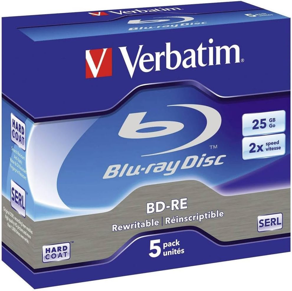 VERBATIM BD-RE Single Layer Blu-ray Rohlinge 25 GB I Blu-ray-Disc mit 2-facher Schreibgeschwindigkeit I mit Kratzschutz I 5er-Pack Jewel Case I Blu-ray-Disks für Video- und Audiodateien