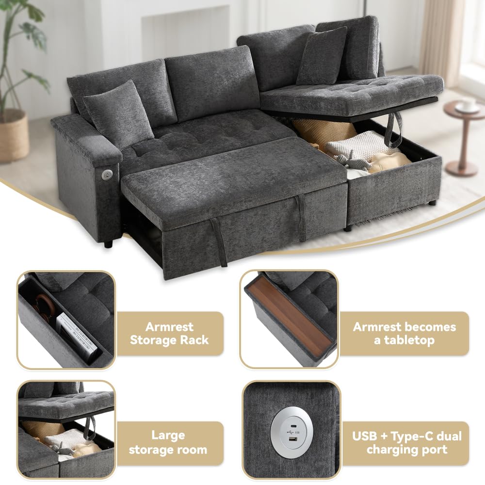 Sapgaks Sofá de esquina convertible en L con USB, sofá cama con función de almacenamiento, sofá convertible de 3 plazas, sofá de 3 plazas para salón de tela relajante, equipado con espacio de