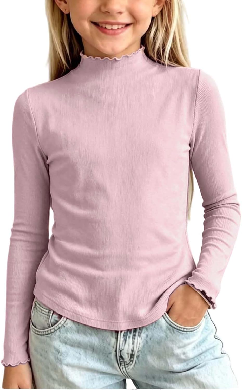 Girl Long Sleeve Shirts Ruffle Trim Mock Neck Pullover Tops