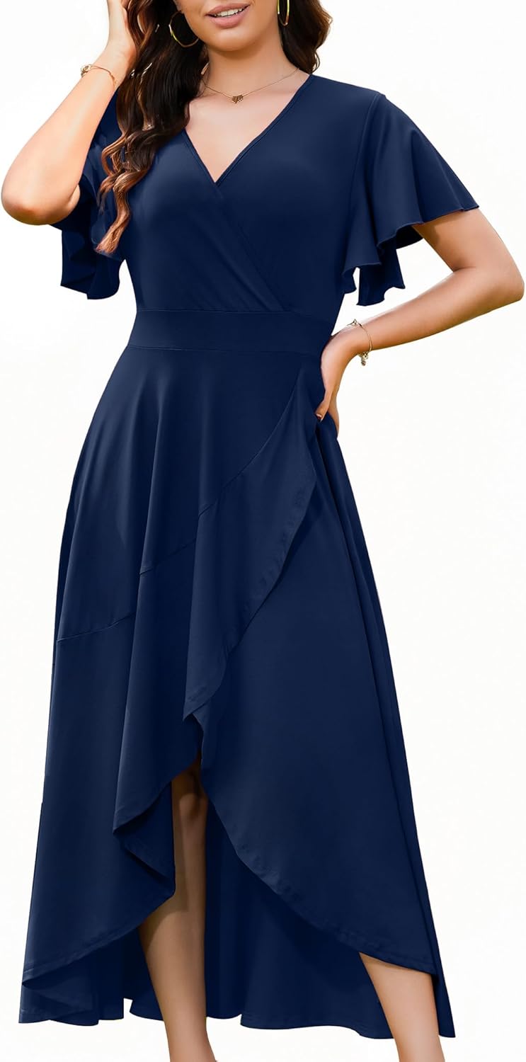 WEACZZY Women V Neck Ruffle Sleeve Maxi Dresses Split Elegant Wrap Ruffle Wedding Guest Dress Elegant Casual Dresses