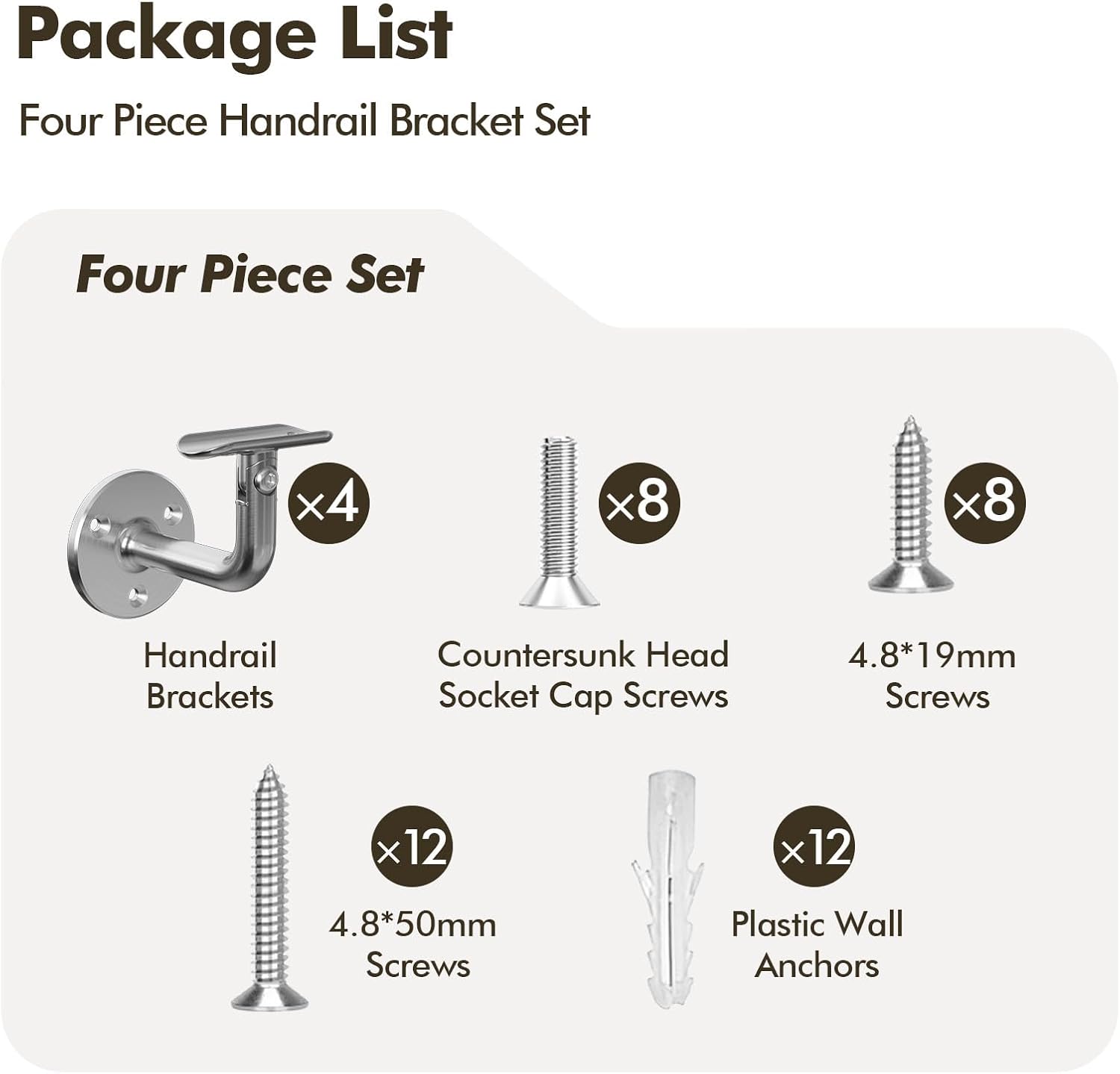 Handrail Stair Brackets 4 Pack, 304 Stainless Steel 180° Rotating Heavy Duty Hardware for 1-11/16 inch (42.4mm) Pipe, Satin Brushed Wall Mount Hand Rail Bracket for Stairways Staircase Railing