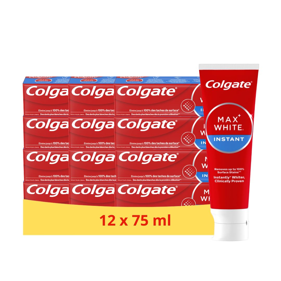 Colgate® MaxWhite Instant – Dentifrice 12x75ml | Dentifrice Blancheur - Effet instantané - Technologie Azurants Optiques - Doux pour l'émail