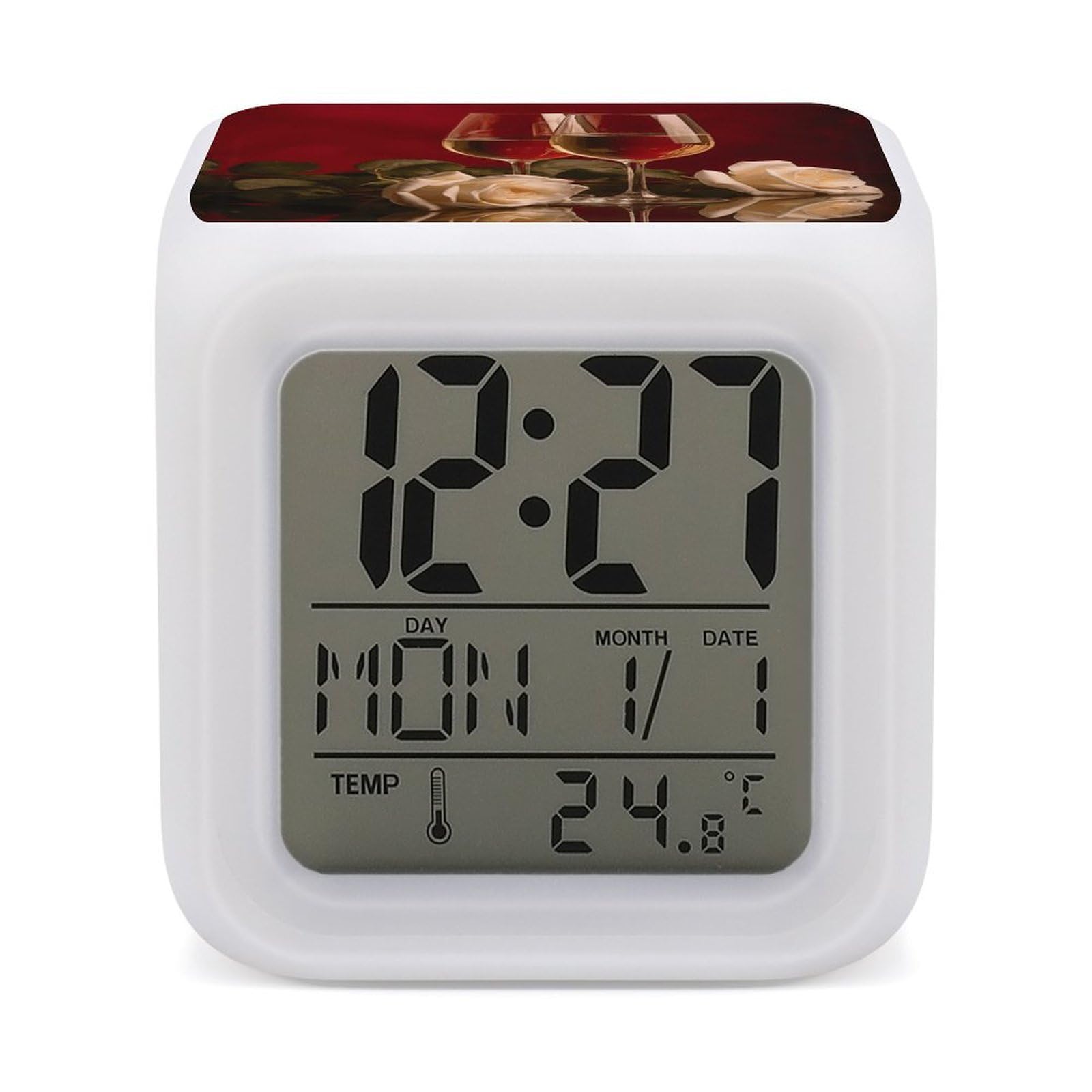 JTREHY Wine and Roses Alarm Clock Digital Dimmable Clock for Bedroom LED Display Screen Mini Clocks 7 Color Dimmable Night Lights Time-to-Rise Alarm Clocks for Office Living Room