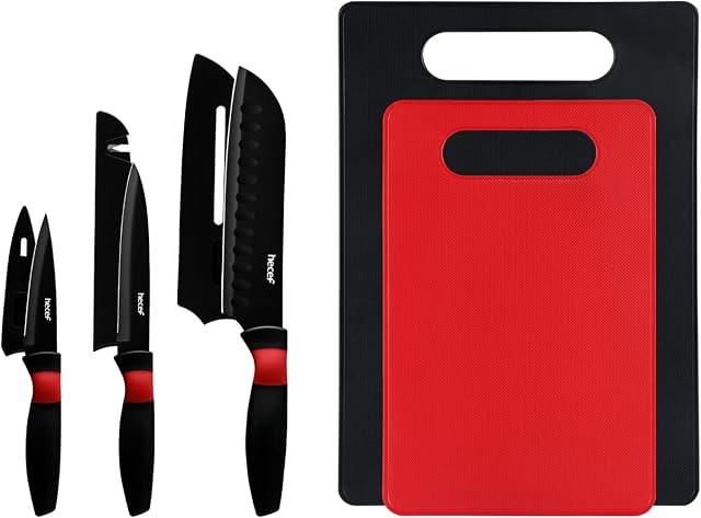 hecef 5 PCS Knife Set with Board 3 Kitchen Knives & 2 Chopping Boards & 3 Protective Sheaths, Non-Stick Black Knife Set with Sharpener Cover, Cutting Boards and Chef Knives for Slicing & Dicing