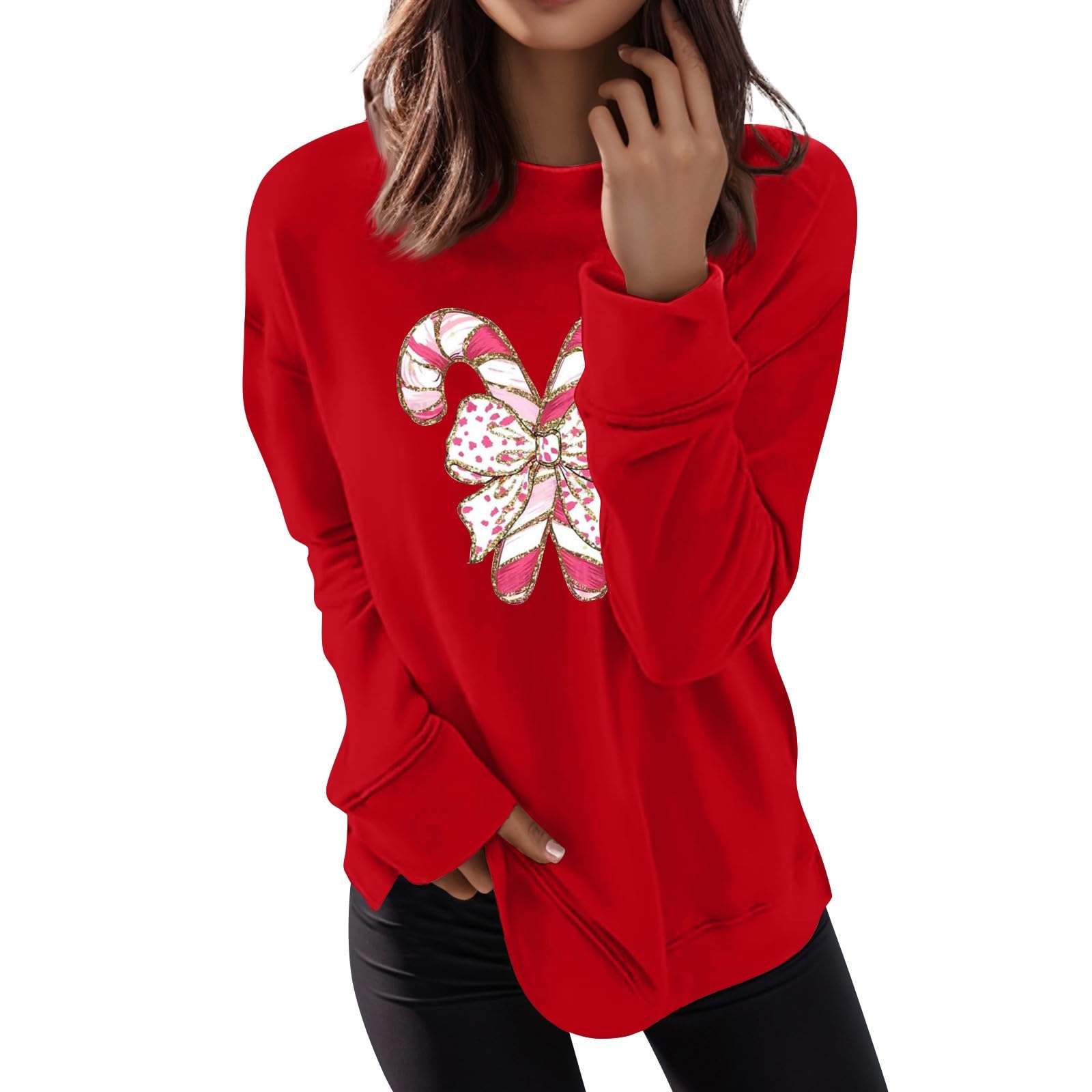 QI_LIANG Tops Casuales de Moda con Estampado navideño para Mujer, Cuello Redondo, Manga Larga, Medio Cuello Alto, cómodo y cálido