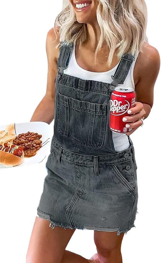 ebossy Women s Classic US Flag Midi Denim Dress Adjustable Straps Slim Frayed Raw Jean Dresses Bib Overalls