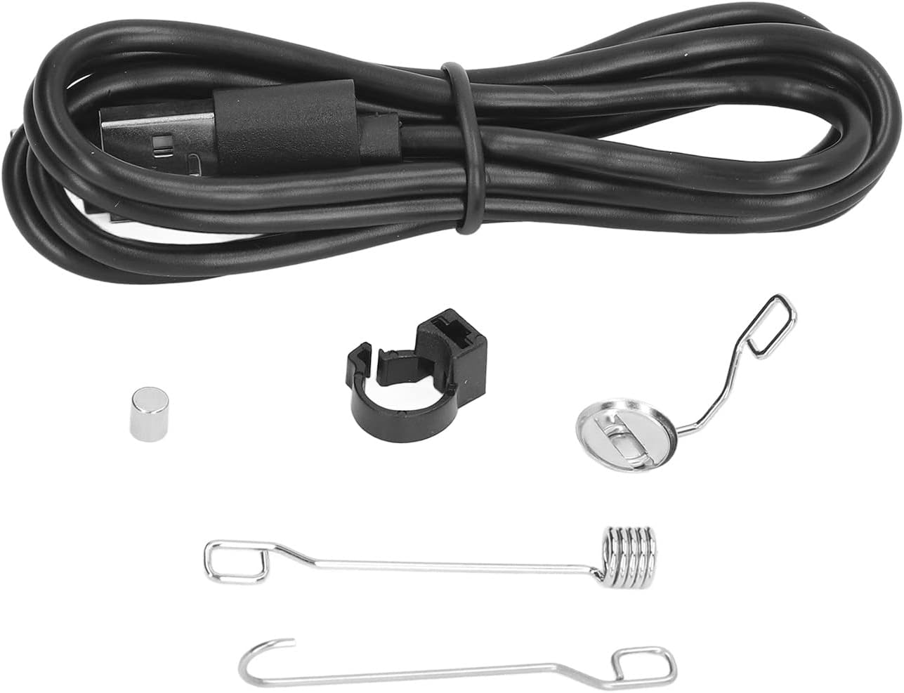 Close-up of endoscope accessories: USB cable, fixing device, magnet, hook, and side lens