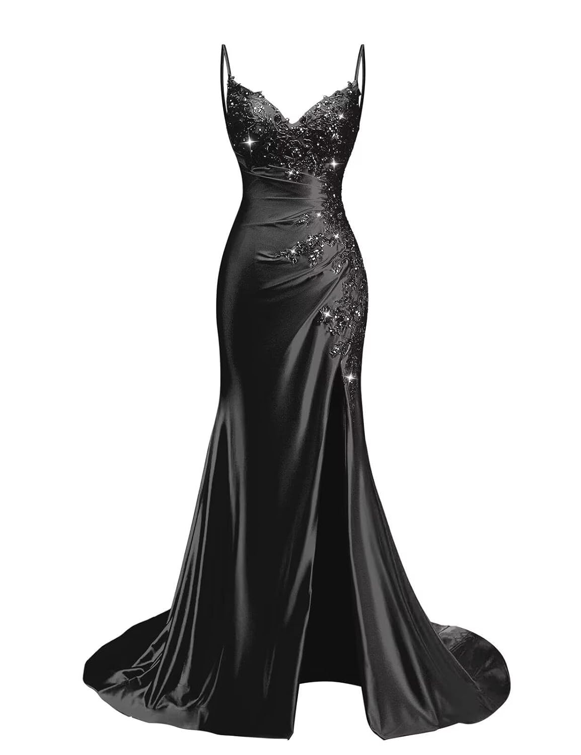 Lace Applique Satin Prom Dresses for Women 2026 Mermaid V Neck Ruched Spaghetti Strap Formal Evening Gown with