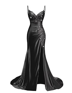 Lace Applique Satin Prom Dresses for Women 2026 Mermaid V Neck Ruched Spaghetti Strap Formal Evening Gown with