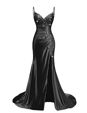 Lace Applique Satin Prom Dresses for Women 2026 Mermaid V Neck Ruched Spaghetti Strap Formal Evening Gown with