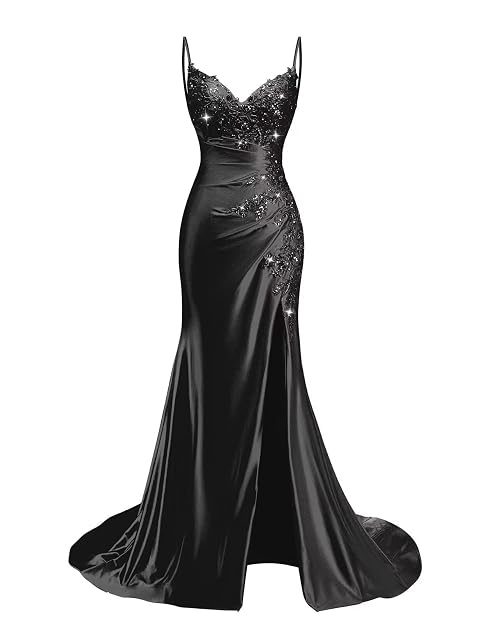 Lace Applique Satin Prom Dresses for Women 2026 Mermaid V Neck Ruched Spaghetti Strap Formal Evening Gown with