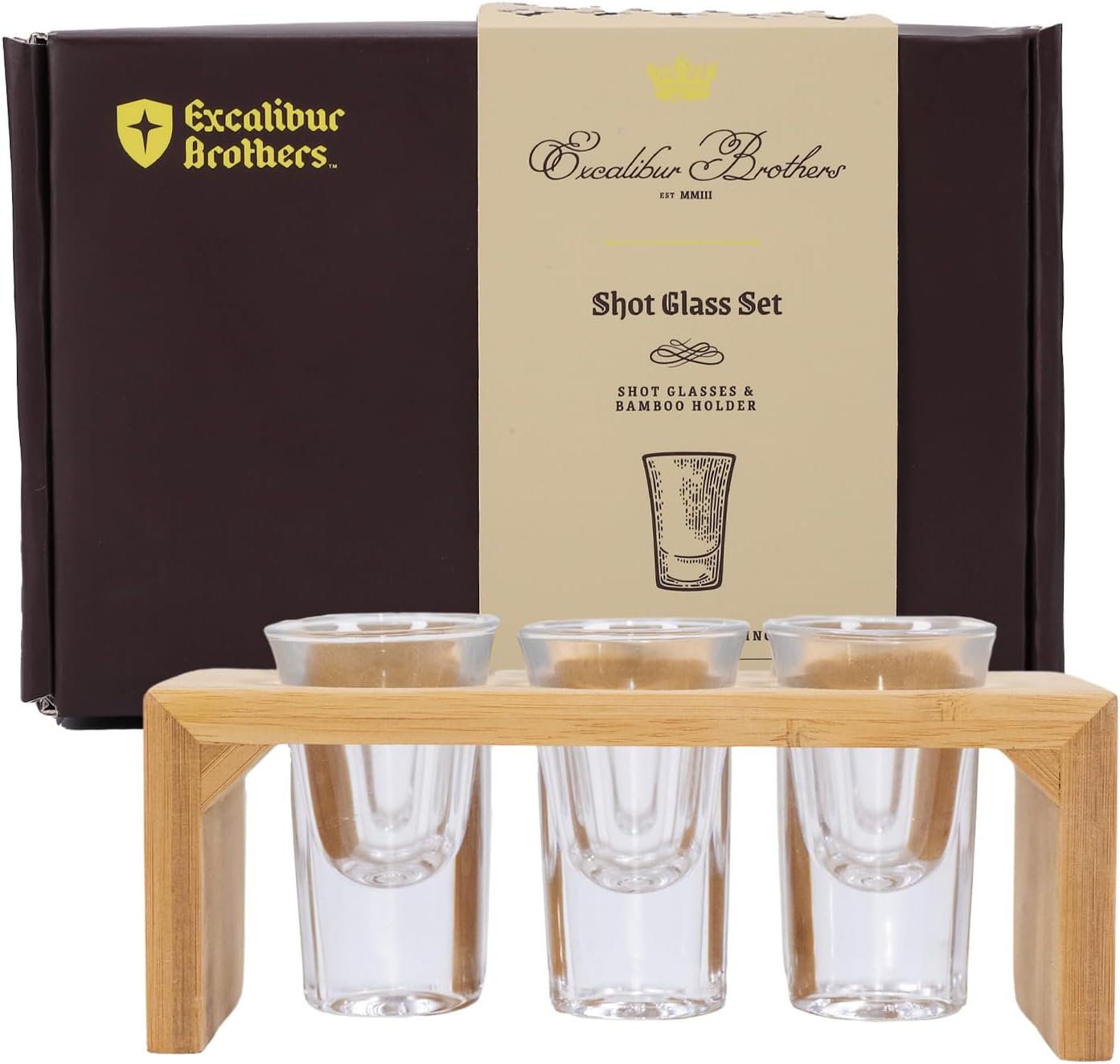 Shot Glass Sets (Set of 6) - Bamboo Shot Glass Holder with 1 Oz Glasses, and Cool Shot Glasses Set for Father, Grandfather, Boyfriend, Best Man, and Groomsmen