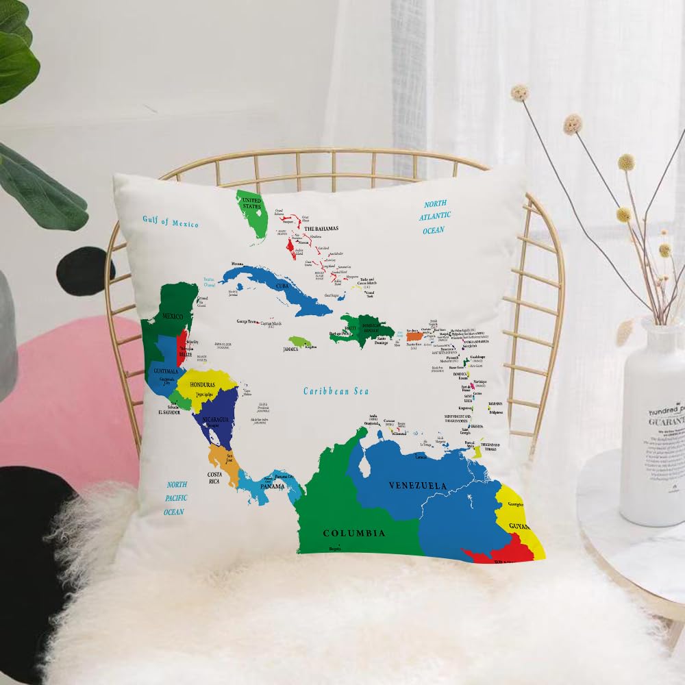 Hyosxw Map,Central America And The Caribbean Island - A6 Cushion Cover,Throw Pillow Case Home Decorative For Living Room Bedroom Sofa Chair 18X18 Inch,Map,Central America And The Caribbean Islands Map Countries Cities Names Region,Pillowcase 45X45cm