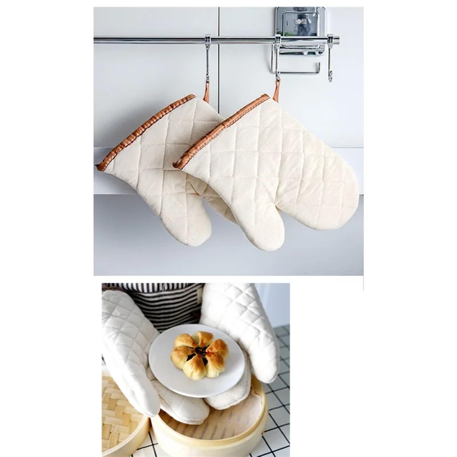 MRKU Guantes de Cocina para Hornear, Guantes de Cocina para Horno, algodón Blanco, Anti-Quemaduras, Gruesos, para bandejas, Platos y Cuencos.