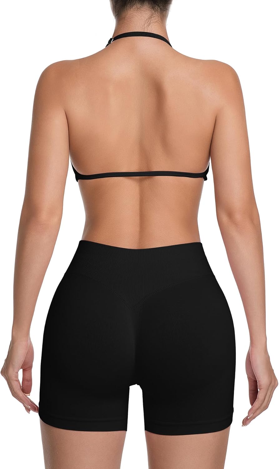 Comper 2 Piece Workout Sets for Women Halter Strappy Sports Bra with Seamless Ribbed Gym Yoga shorts Outfits - Image 2