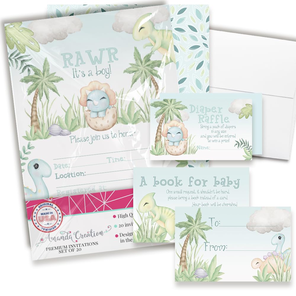 Amanda Creation Baby Shower Invites for Boys – Blue Dinosaur Baby Shower Invitation Bundle with Diaper Raffle Tickets, Book Request Cards & Envelopes.