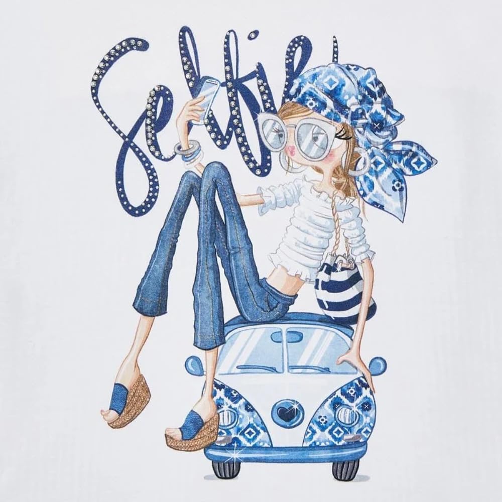 Generico Conjunto completo niña camiseta blanca con gráficos Selfie y pantalones leggings azul marino – Manga corta con lazo, look casual verano modelo 3736