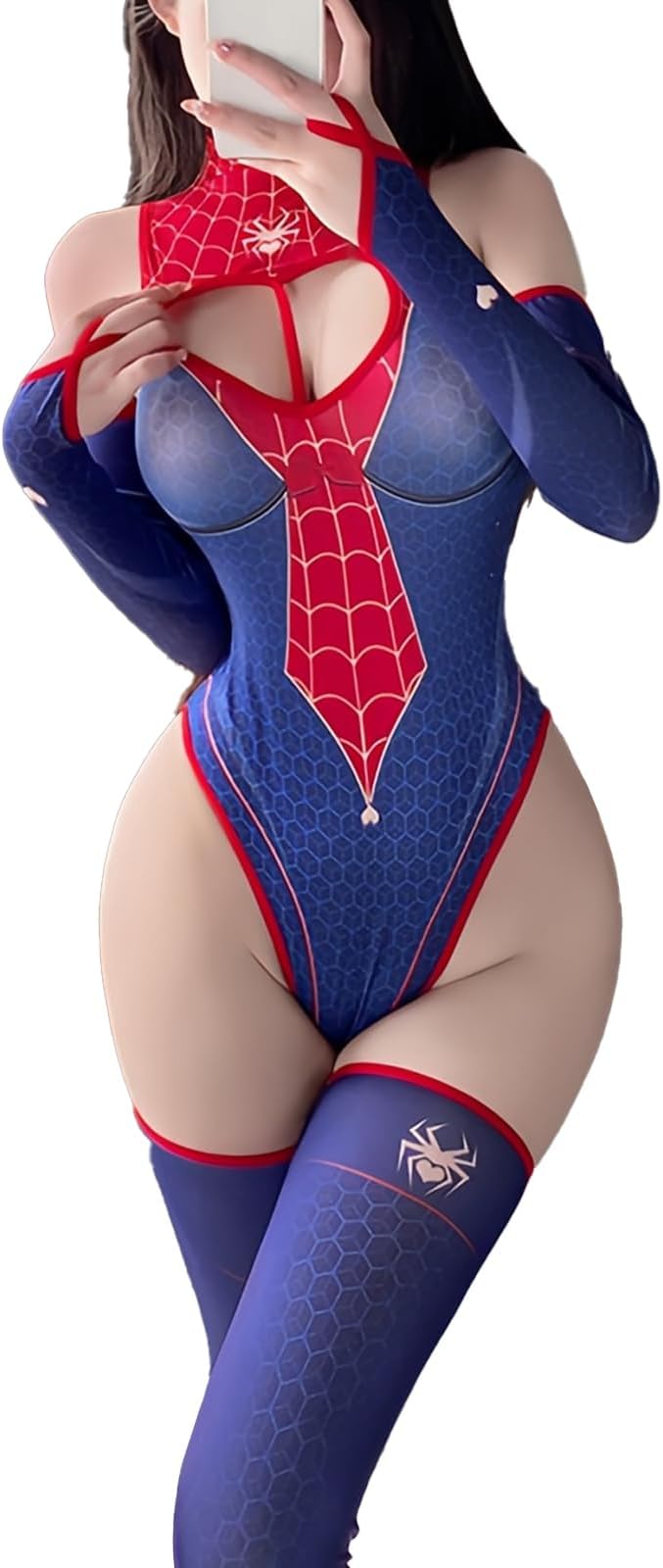 CharmSpider Bodysuit Costume Set For Woman - Blue & Red Theme, Alluring Heart Cutout, Perfect for Role Cosplay Halloween Parties