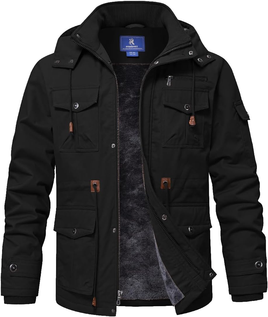 SPOSULEI Winter Jackets for Men Cotton Work Fleece Lined Army Jacket Winter Military Coat with Multi-Pockets Black M