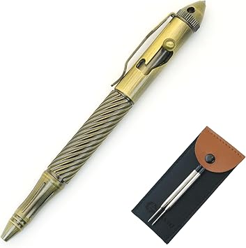 Bolt Action Pen, Precision Machined Metal EDC Pen with Smooth Writing Mechanism & Pocket Clip for Daily Writing, Includes Gift Pouch & 2 Spare Refills Solid Brass Antique